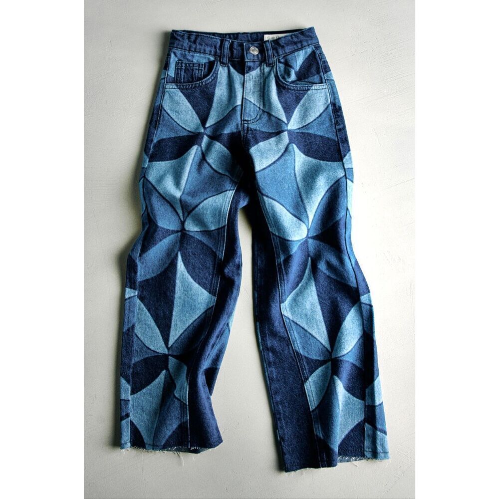 NWT Zara Kids x Sea New York Geometric Print Wide Leg Kids Patchwork Denim Jeans